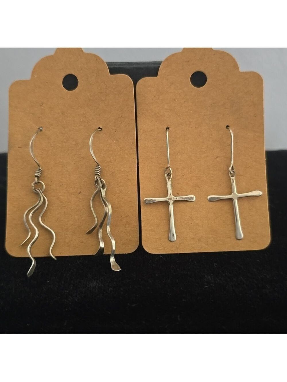 Two Pair Silver Dangle Earrings, Cross and Swirl Wave